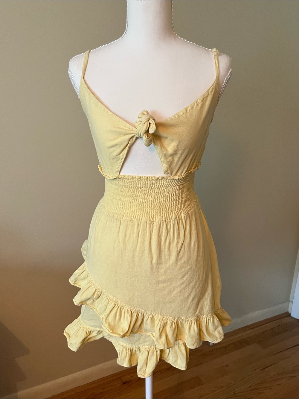 Women's Butter Yellow Ruffle Smocked Mini Dress with Spaghetti Straps